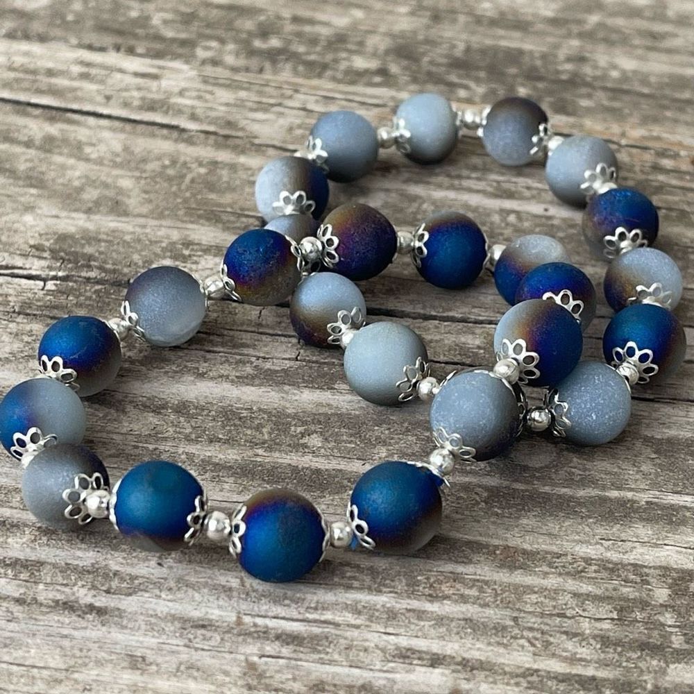 Druzy Peacock Aura Agate Crystal 10mm NEW blue purple white gold bracelet ONE st